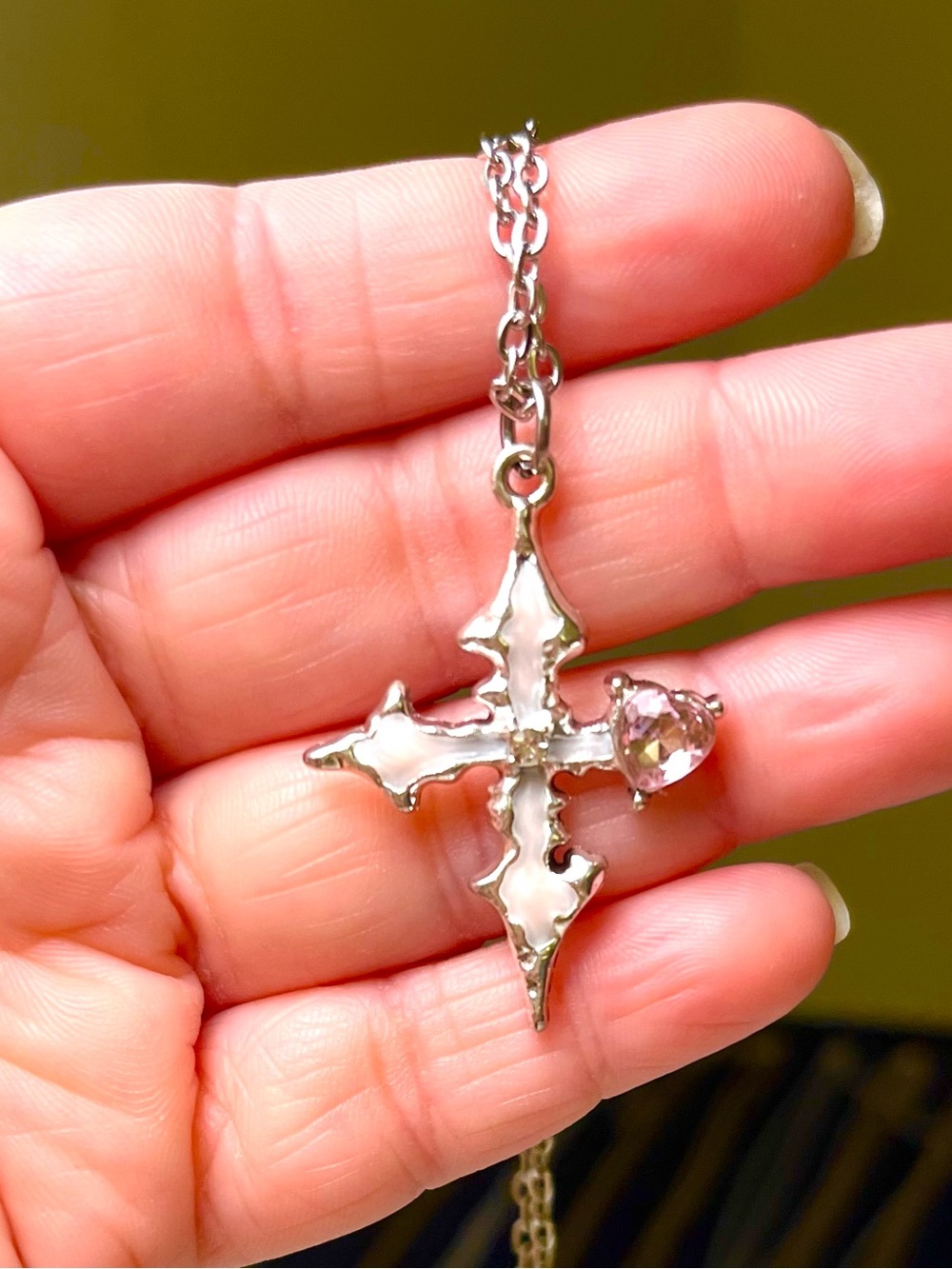 Silver Tone Pink Enamel Cross Necklace